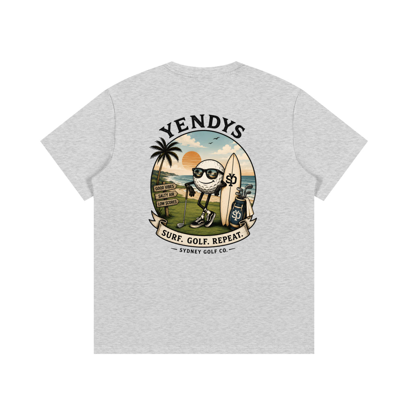 Gray t-shirt with a graphic design on the back featuring a character with sunglasses and a surfboard, with 'Yendys' branding.