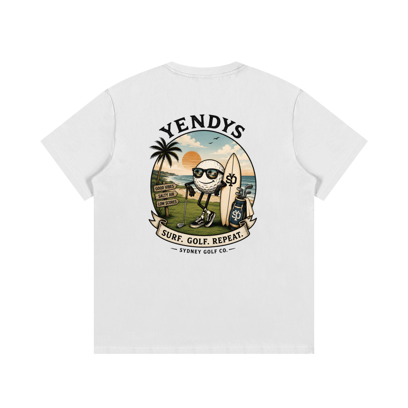 White t-shirt with a graphic design on the back featuring a character with sunglasses and a surfboard, set against a beach scene with palm trees and a sunset.