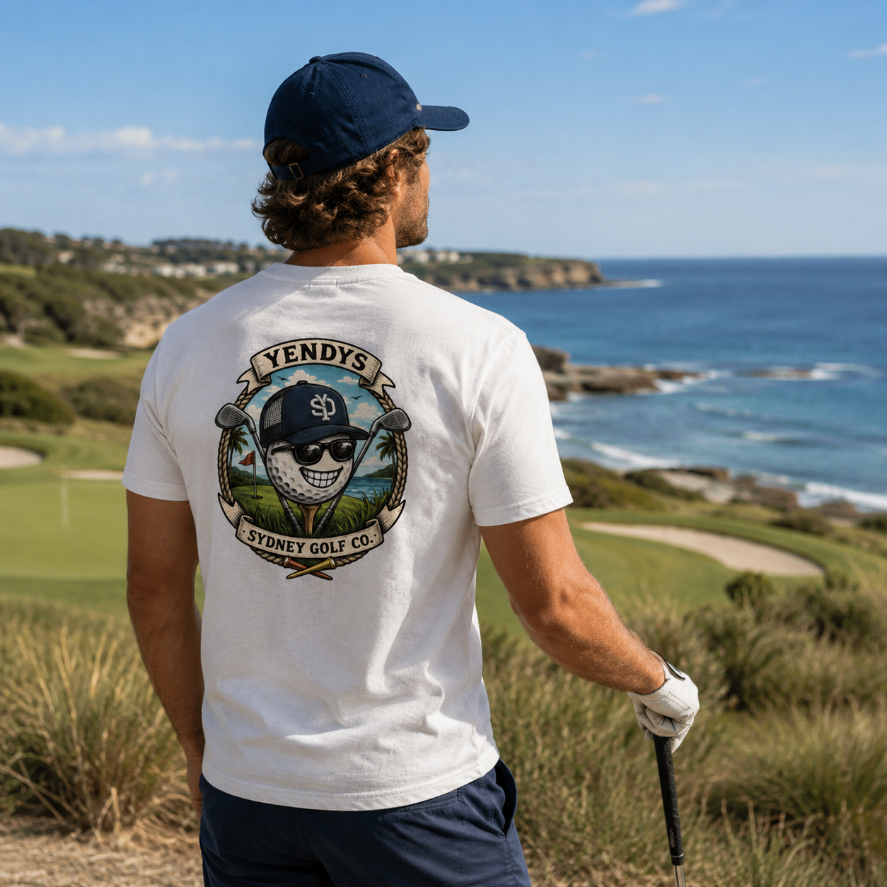 Man wearing a white t-shirt with a golf-themed design, standing on a golf course with ocean view.